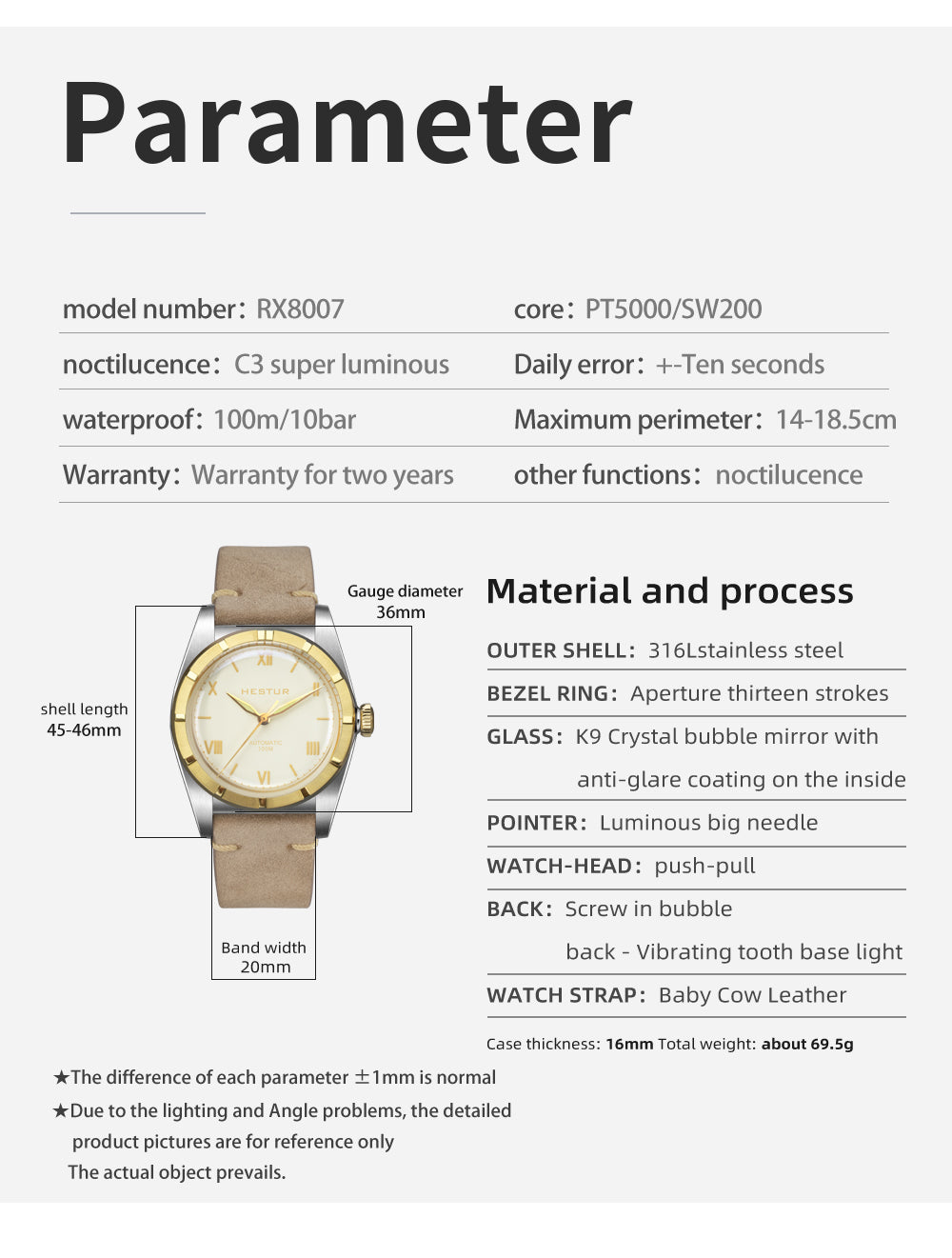 🔥Crystal Bubble Back🔥Hestur HT8007 Automatic Watches 36mm
