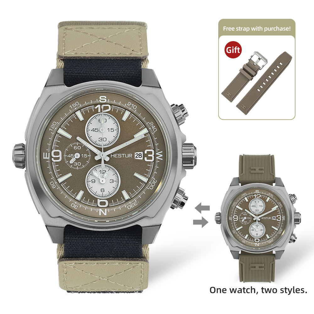 🔥Titanium Quartz Military Field Watch🔥Hestur HT8008, Chronograph 44.5mm