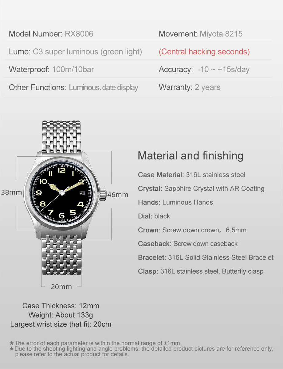 🔥Classic Pilot Automatic Watches, 🔥Hestur HT8006 Mechanical, Miyota 8215 38mm