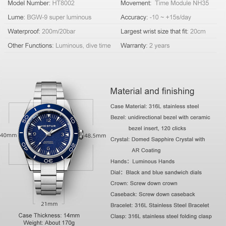 🔥Sandwich Dial 🔥Hestur HT8002 Automatic Watch NH35, 20bar, 40mm