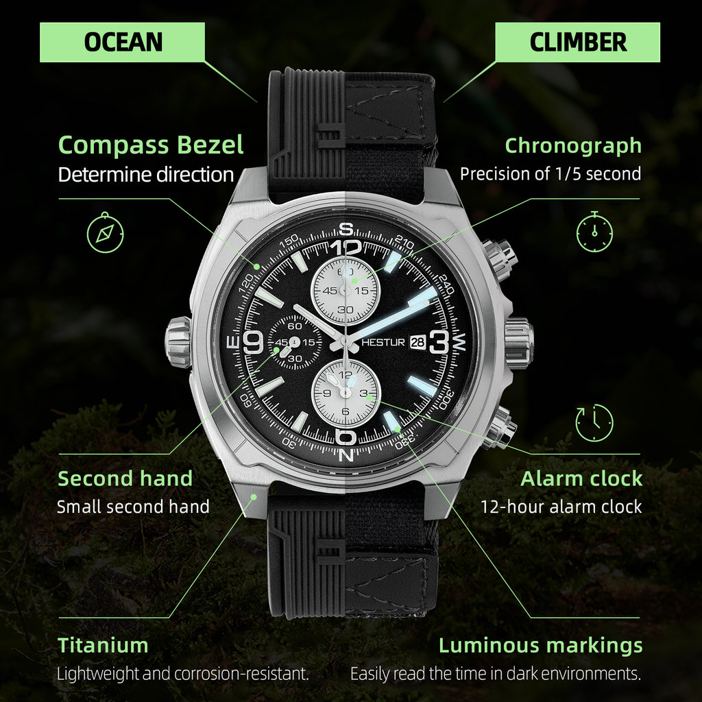 🔥Titanium Quartz Military Field Watch🔥Hestur HT8008, Chronograph 44.5mm