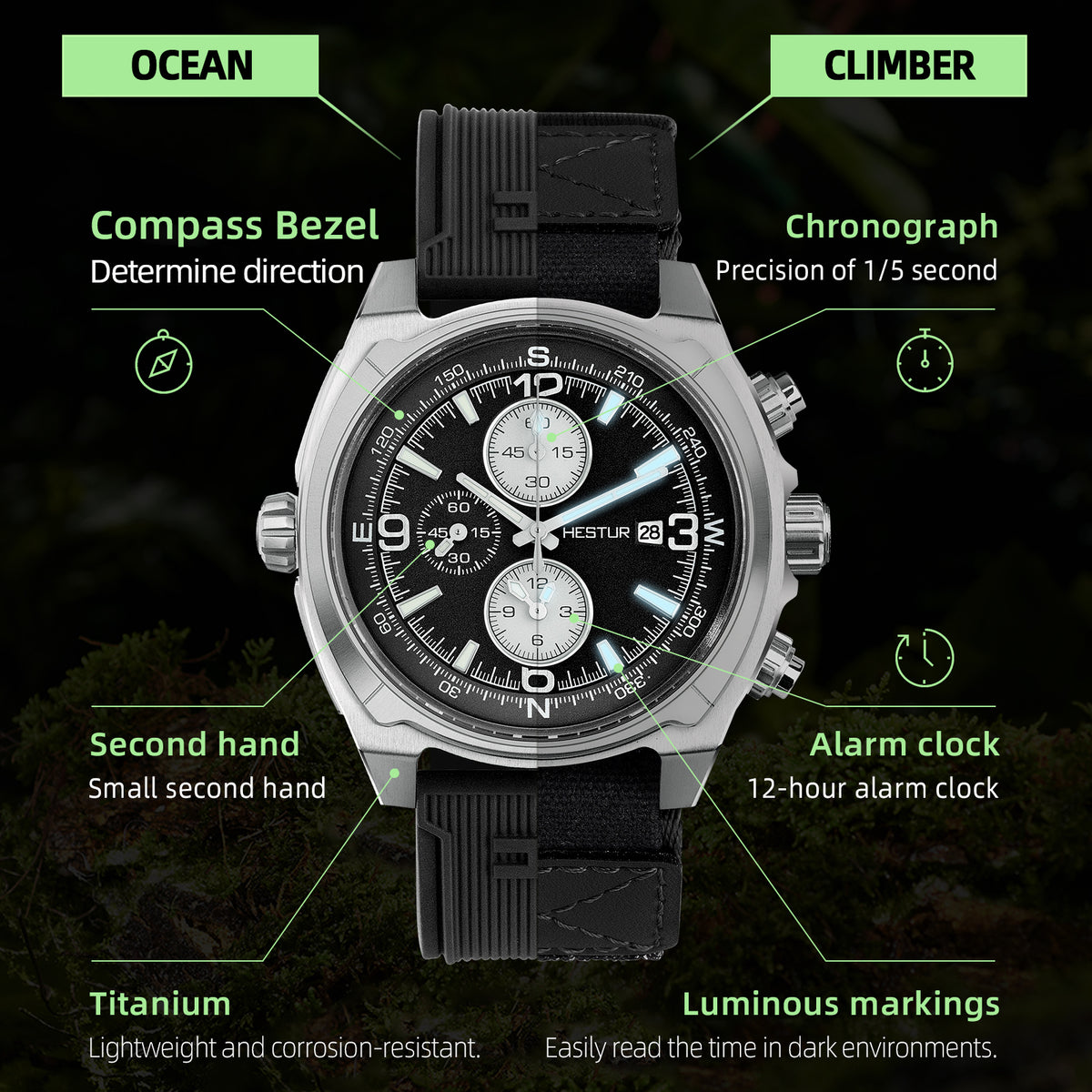 🔥Titanium Quartz Military Field Watch🔥Hestur HT8008, Chronograph 44.5mm