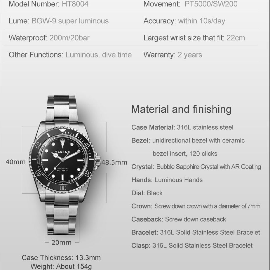🔥Bubble Dive Watch🔥Hestur HT8004 Automatic Sapphire SW200/PT5000 40mm